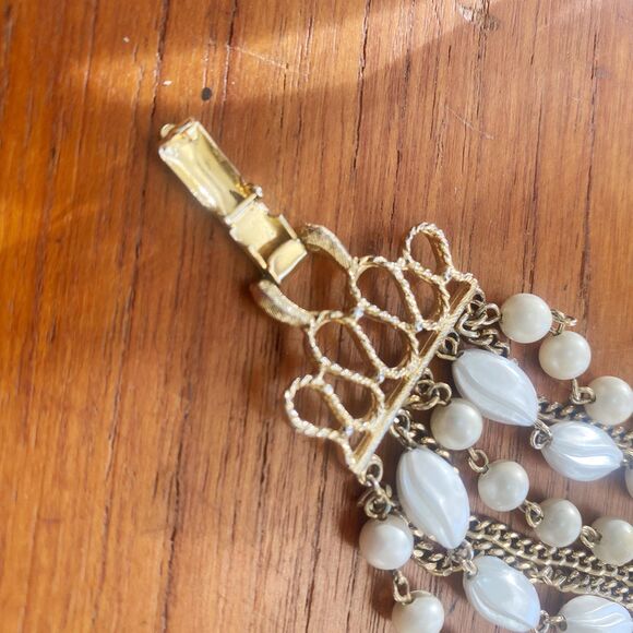 Vintage White Gold Pearl Bead Gold Chain Ornate Box Clasp Statement Bracelet - Picture 5 of 6